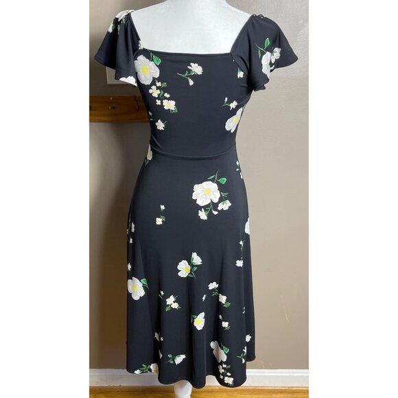 Banana Republic Dress A-line Midi Black Floral Jersey Feminine Comfy Womens XS - Picture 3 of 8